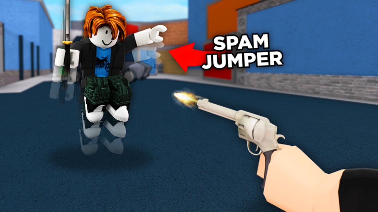 First-person revolver firing at a jumping dummy labeled Spam Jumper in MM2 Aim Trainer 2