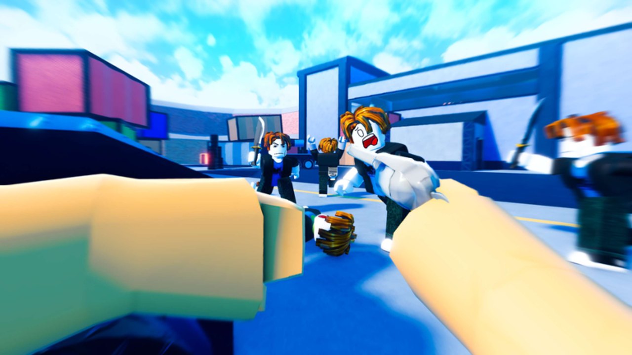 First-person MM2 Aim Trainer scene with multiple knife-wielding dummies on a bright outdoor map